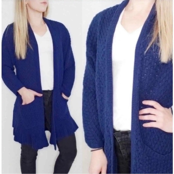 ANTHROPOLOGIE Guinevere Navy Ruffled Knit Cardigan Size Large - Picture 1 of 9
